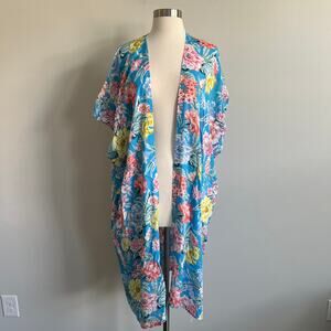 LOFT Blue Floral Kimono Cardigan Open Duster Resort Modal XS/S